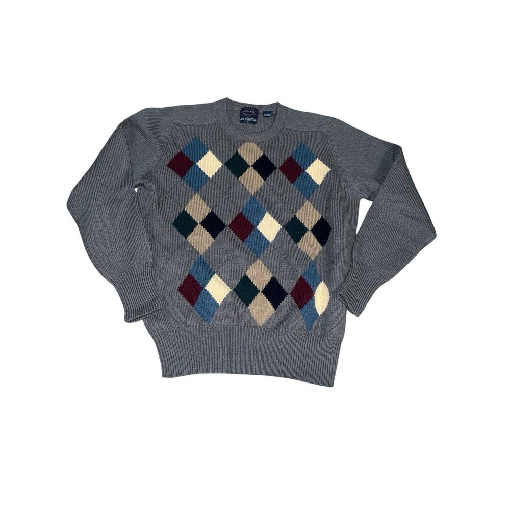 Vintage Allen Solly 100% Lambswool Scottish  Neck Argyle Sweater Gray Size XL